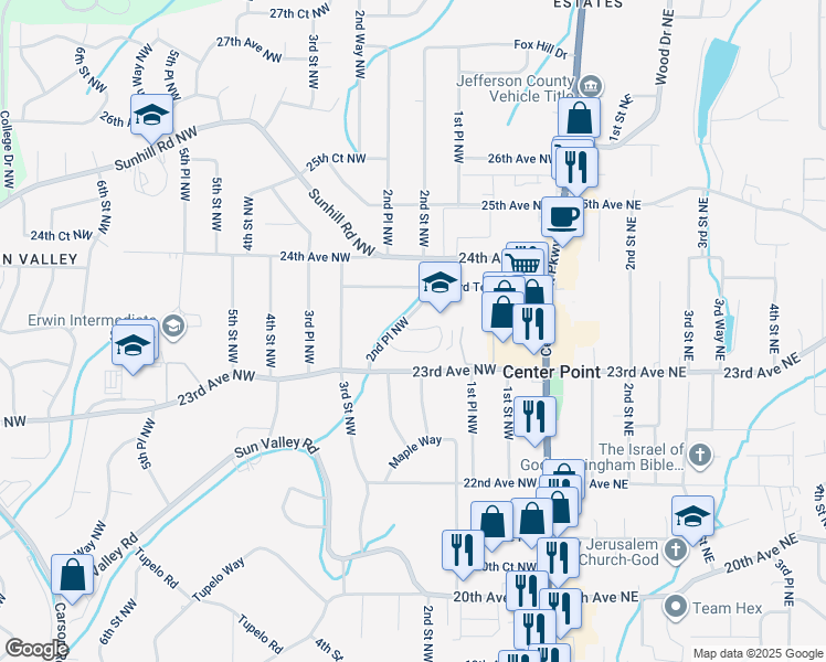 map of restaurants, bars, coffee shops, grocery stores, and more near 220 23rd Avenue Northwest in Center Point