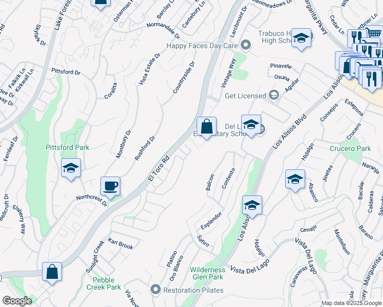 map of restaurants, bars, coffee shops, grocery stores, and more near 21812 Raintree Lane in Lake Forest