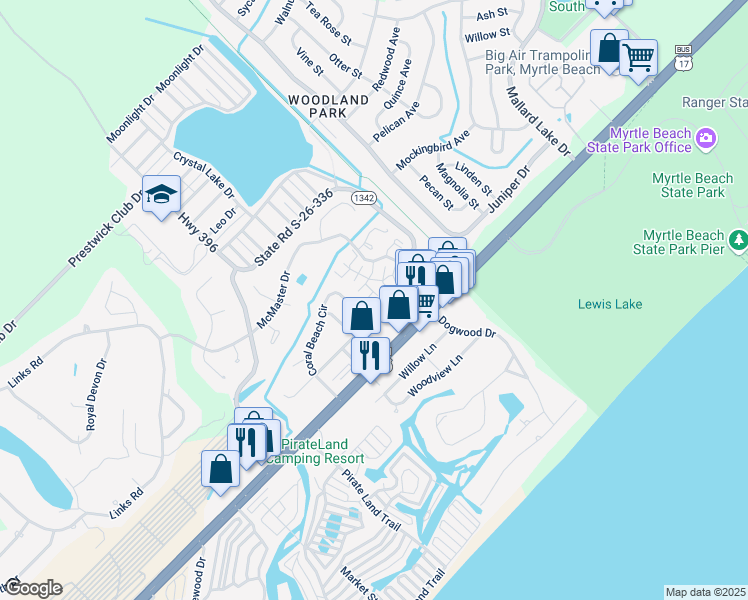 map of restaurants, bars, coffee shops, grocery stores, and more near 2019 Balfour Court in Myrtle Beach