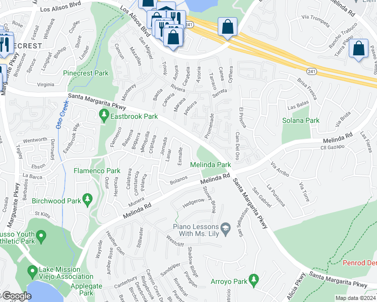 map of restaurants, bars, coffee shops, grocery stores, and more near 21725 Santa Pola in Mission Viejo