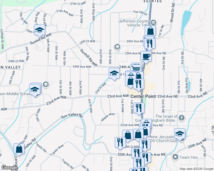 map of restaurants, bars, coffee shops, grocery stores, and more near in Center Point