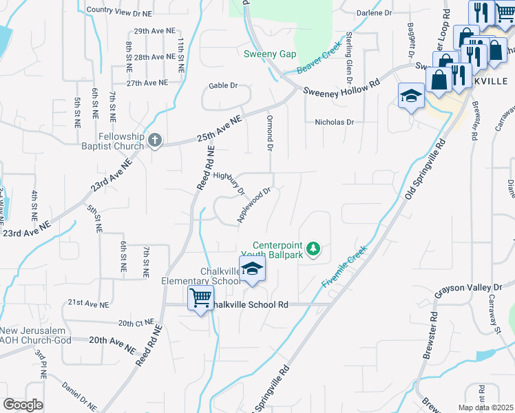 map of restaurants, bars, coffee shops, grocery stores, and more near 2308 Stonewood Drive in Center Point