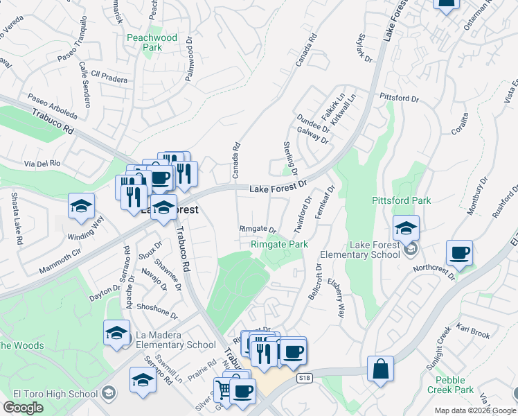 map of restaurants, bars, coffee shops, grocery stores, and more near 21761 Exton Way in Lake Forest