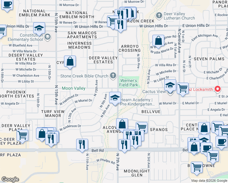 map of restaurants, bars, coffee shops, grocery stores, and more near 603 West Angela Drive in Phoenix