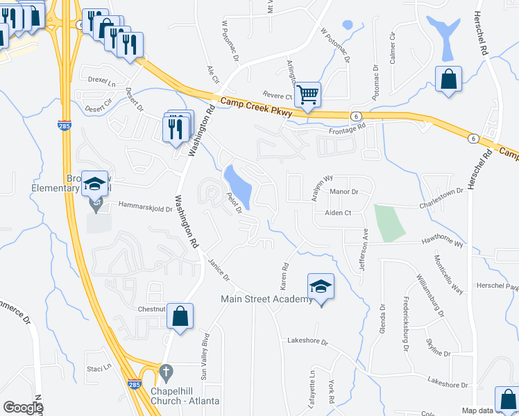 map of restaurants, bars, coffee shops, grocery stores, and more near 4001 Lakemont Drive in College Park