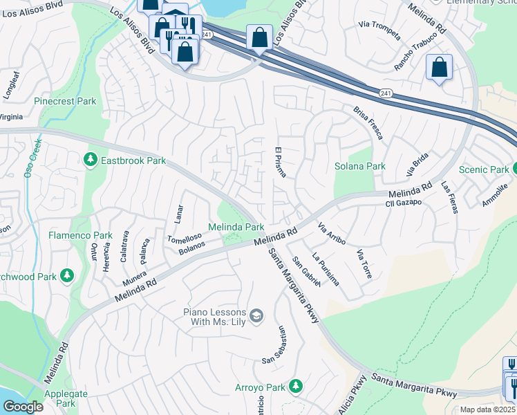 map of restaurants, bars, coffee shops, grocery stores, and more near 21716 San Leandro in Mission Viejo