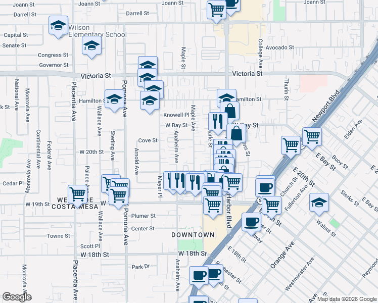 map of restaurants, bars, coffee shops, grocery stores, and more near in Costa Mesa