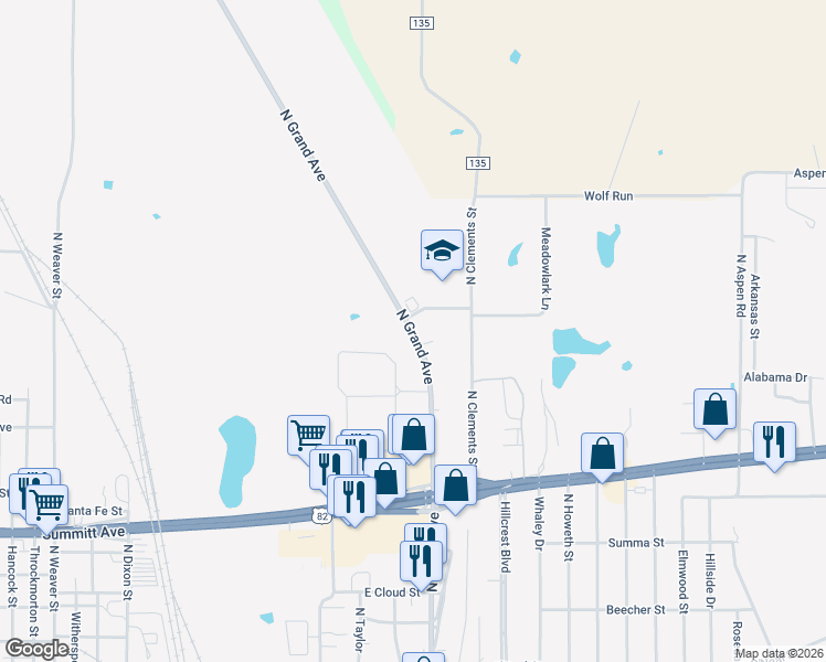 map of restaurants, bars, coffee shops, grocery stores, and more near 2100 North Grand Avenue in Gainesville