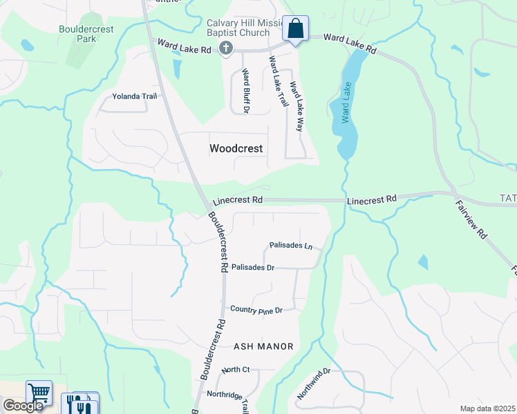 map of restaurants, bars, coffee shops, grocery stores, and more near 149 Palisade Point Drive in Ellenwood