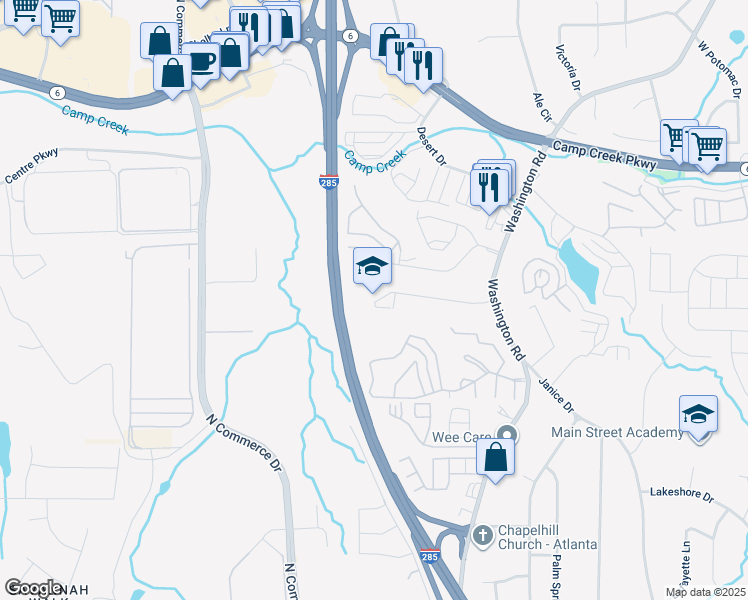map of restaurants, bars, coffee shops, grocery stores, and more near 3250 Hammarskjold Drive in Atlanta