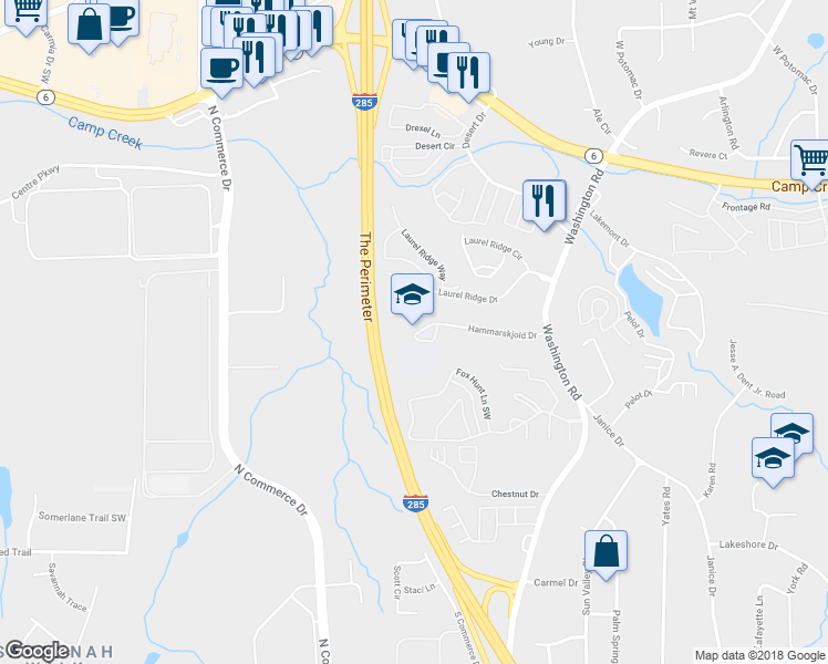 map of restaurants, bars, coffee shops, grocery stores, and more near 3250 Hammarskjold Avenue in Atlanta