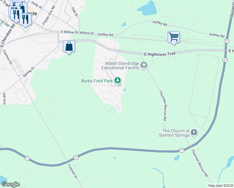 map of restaurants, bars, coffee shops, grocery stores, and more near 816 Vine Circle in Social Circle