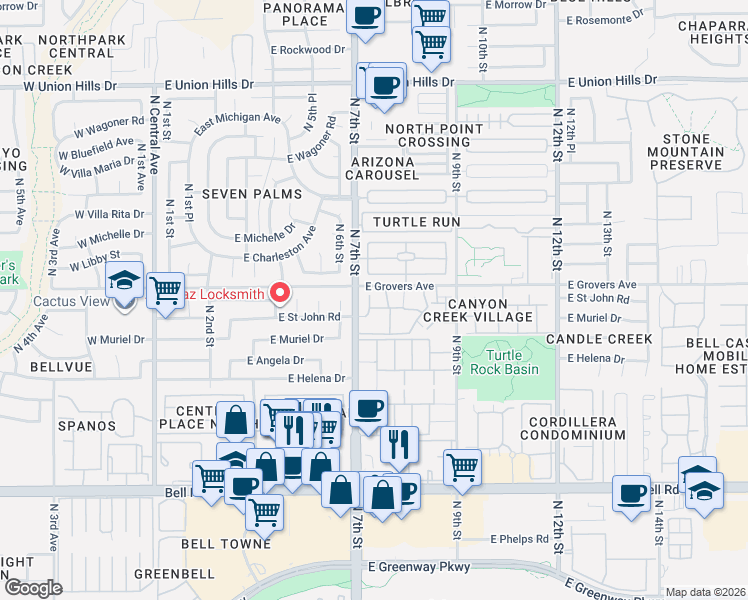 map of restaurants, bars, coffee shops, grocery stores, and more near 17625 North 7th Street in Phoenix
