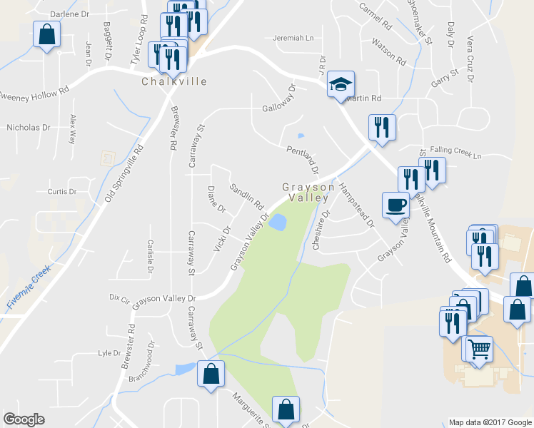 map of restaurants, bars, coffee shops, grocery stores, and more near 2309 Grayson Valley Drive in Birmingham