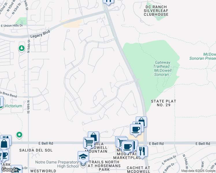 map of restaurants, bars, coffee shops, grocery stores, and more near 17707 North 99th Place in Scottsdale