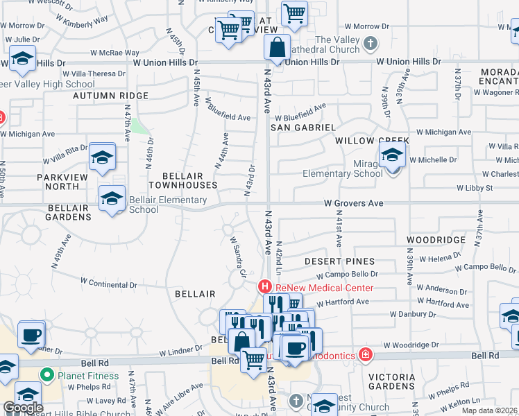 map of restaurants, bars, coffee shops, grocery stores, and more near 17627 North Lindner Drive in Glendale