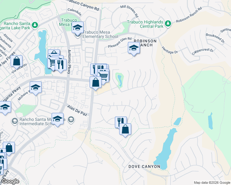 map of restaurants, bars, coffee shops, grocery stores, and more near 84 Hemingway Court in Trabuco Canyon