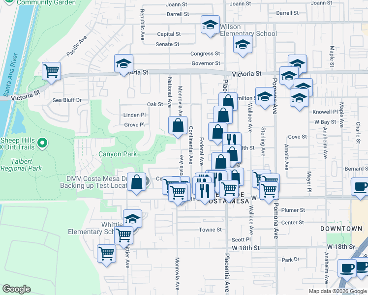 map of restaurants, bars, coffee shops, grocery stores, and more near 1983 Monrovia Avenue in Costa Mesa