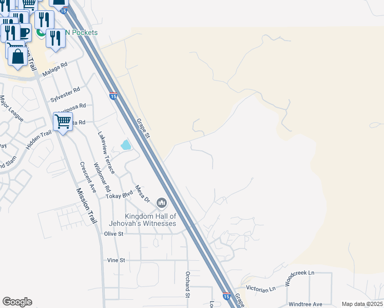 map of restaurants, bars, coffee shops, grocery stores, and more near 21555 Sedco View Drive in Wildomar