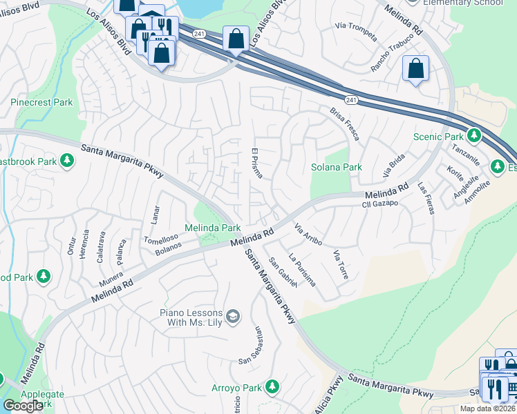 map of restaurants, bars, coffee shops, grocery stores, and more near 33 Via Madera in Rancho Santa Margarita