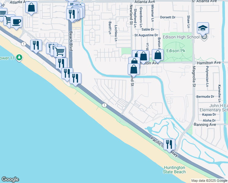 map of restaurants, bars, coffee shops, grocery stores, and more near 21851 Newland Street in Huntington Beach
