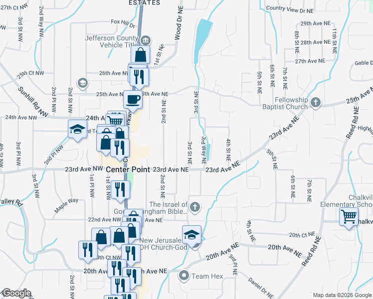 map of restaurants, bars, coffee shops, grocery stores, and more near 2316 3rd Street Northeast in Center Point