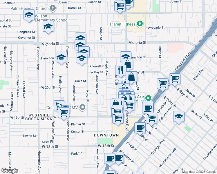 map of restaurants, bars, coffee shops, grocery stores, and more near 1990 Maple Avenue in Costa Mesa