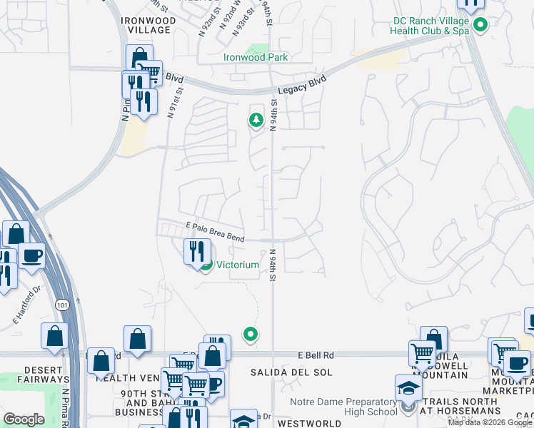 map of restaurants, bars, coffee shops, grocery stores, and more near 17692 North 93rd Way in Scottsdale