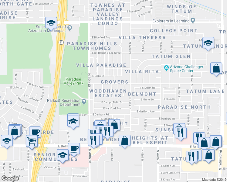 map of restaurants, bars, coffee shops, grocery stores, and more near 17617 North 41st Street in Phoenix