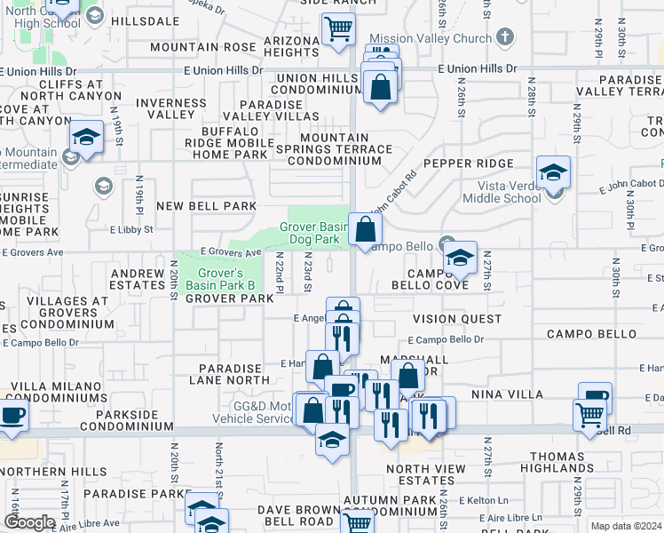 map of restaurants, bars, coffee shops, grocery stores, and more near 17602 North Cave Creek Road in Phoenix