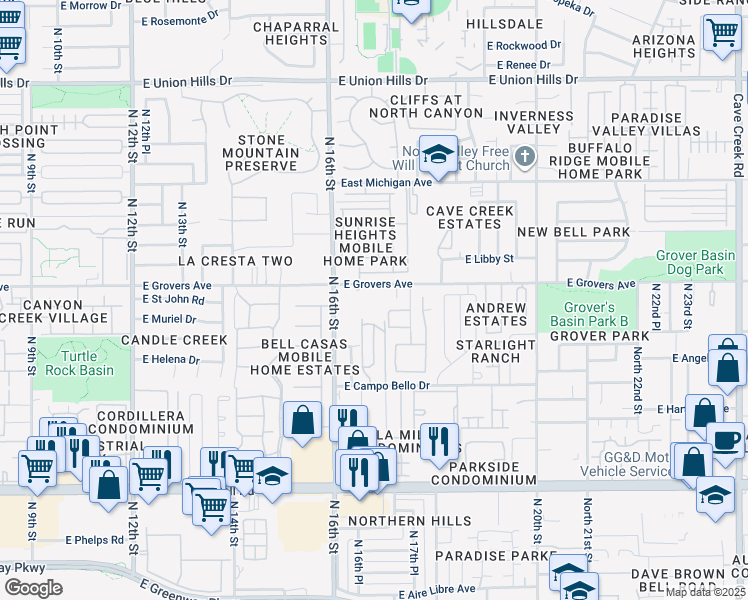 map of restaurants, bars, coffee shops, grocery stores, and more near 17602 North 17th Street in Phoenix