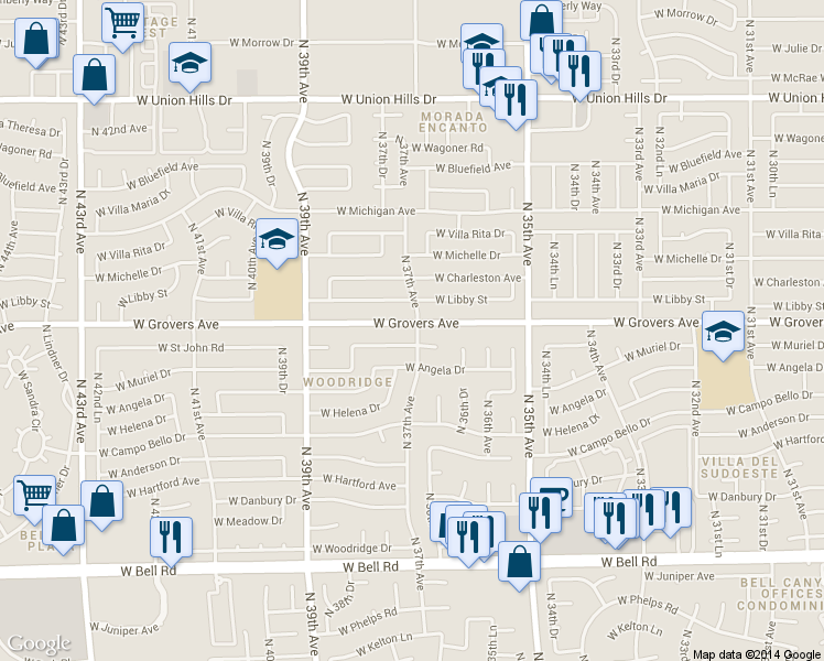 map of restaurants, bars, coffee shops, grocery stores, and more near 3649 West Saint John Road in Glendale