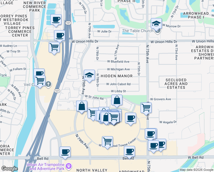 map of restaurants, bars, coffee shops, grocery stores, and more near 7752 West Libby Street in Glendale