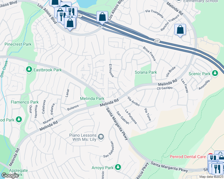 map of restaurants, bars, coffee shops, grocery stores, and more near 33 Via Madera in Rancho Santa Margarita