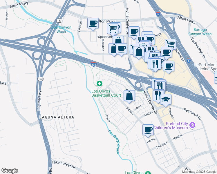 map of restaurants, bars, coffee shops, grocery stores, and more near 115 Gitano in Irvine