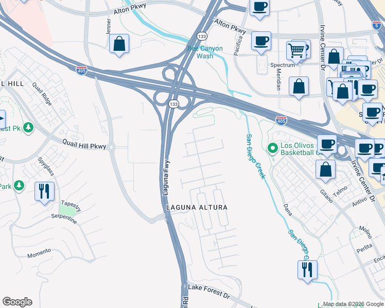 map of restaurants, bars, coffee shops, grocery stores, and more near 62 Bianco in Irvine