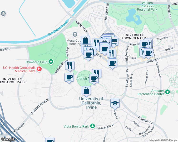 map of restaurants, bars, coffee shops, grocery stores, and more near in Irvine