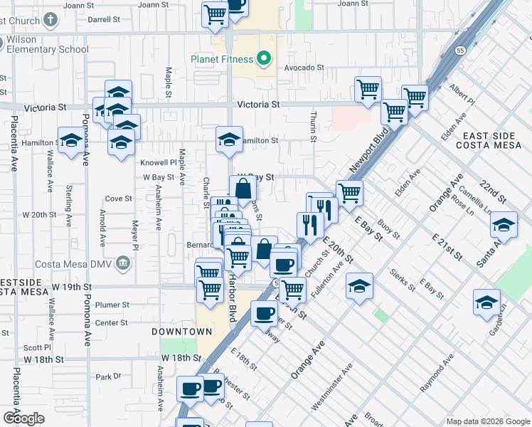 map of restaurants, bars, coffee shops, grocery stores, and more near 412 Ford Road in Costa Mesa