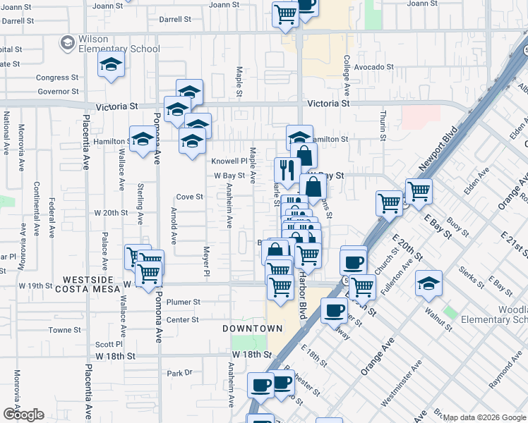 map of restaurants, bars, coffee shops, grocery stores, and more near 1987 Charle Street in Costa Mesa