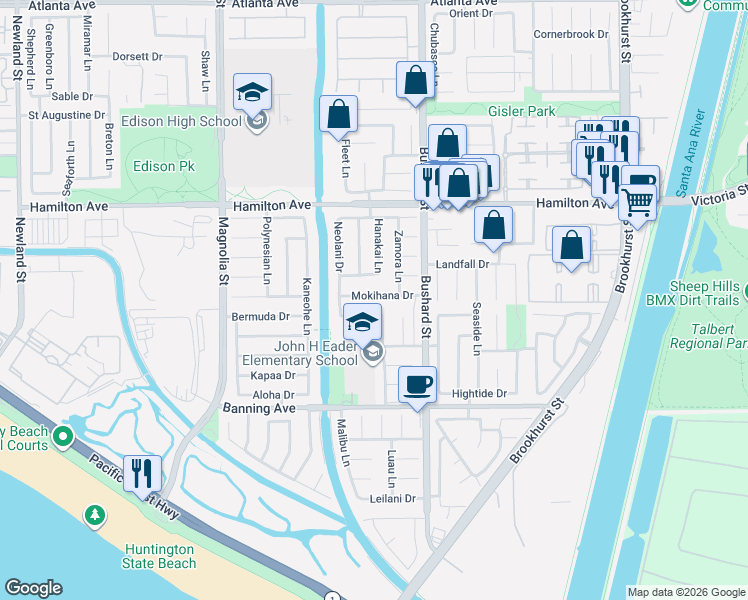map of restaurants, bars, coffee shops, grocery stores, and more near 9352 Hudson Drive in Huntington Beach