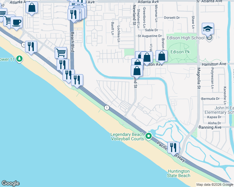 map of restaurants, bars, coffee shops, grocery stores, and more near 75 Oceanside Drive in Huntington Beach