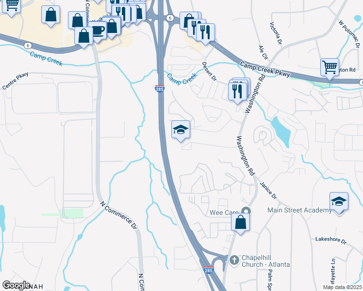 map of restaurants, bars, coffee shops, grocery stores, and more near 3250 Hammarskjold Drive in Atlanta