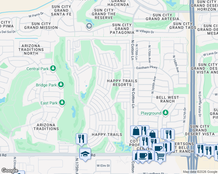 map of restaurants, bars, coffee shops, grocery stores, and more near 17200 West Bell Road in Surprise