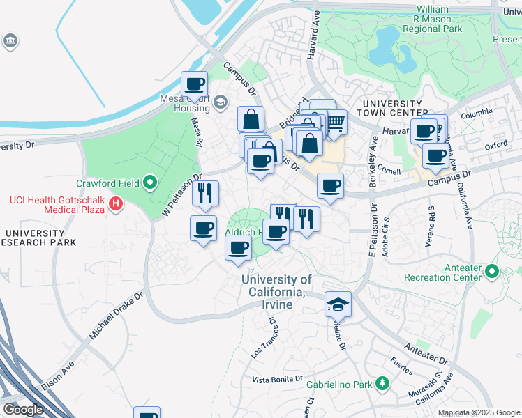 map of restaurants, bars, coffee shops, grocery stores, and more near in Irvine