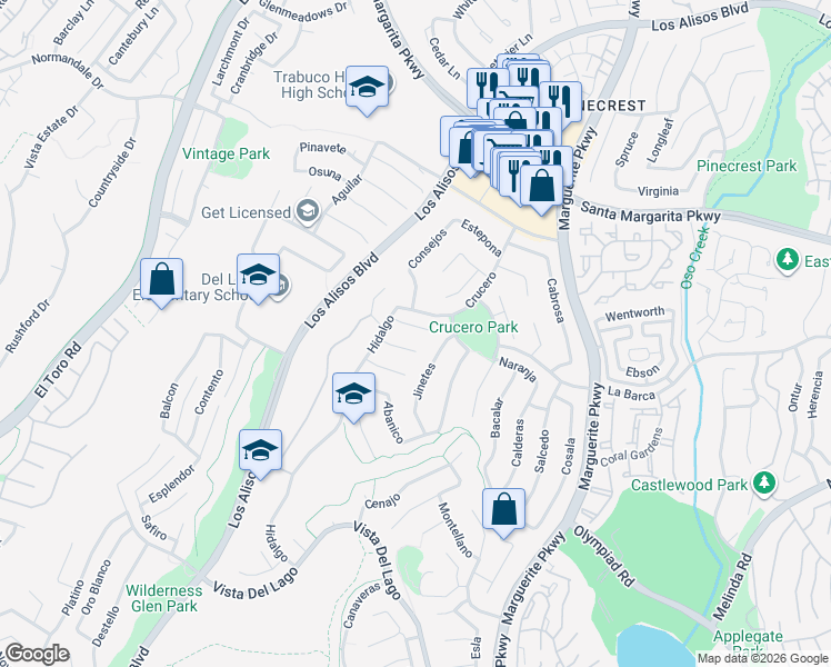 map of restaurants, bars, coffee shops, grocery stores, and more near 27562 Halcon in Mission Viejo