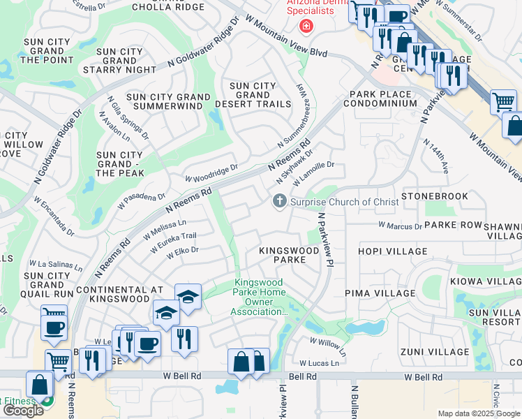 map of restaurants, bars, coffee shops, grocery stores, and more near 15005 West Skyhawk Way in Surprise
