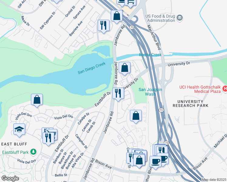 map of restaurants, bars, coffee shops, grocery stores, and more near Jamboree Road & University Drive in Newport Beach