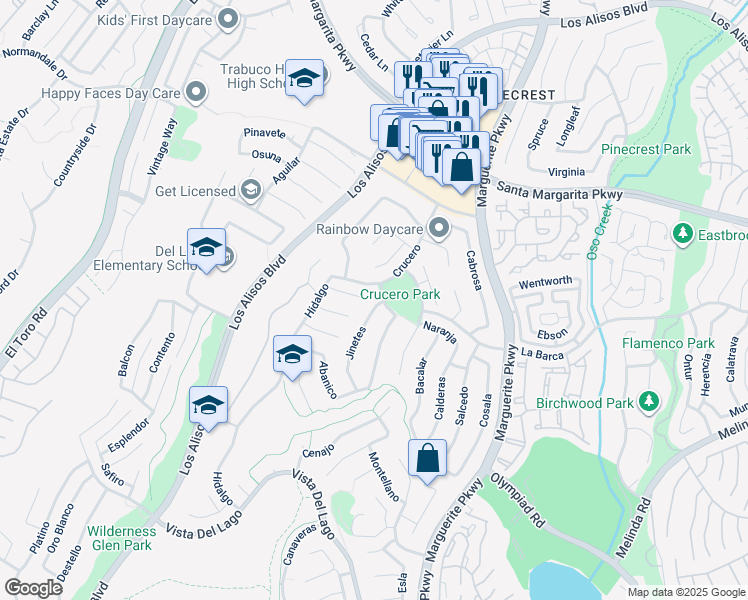 map of restaurants, bars, coffee shops, grocery stores, and more near 21765 Jinetes in Mission Viejo