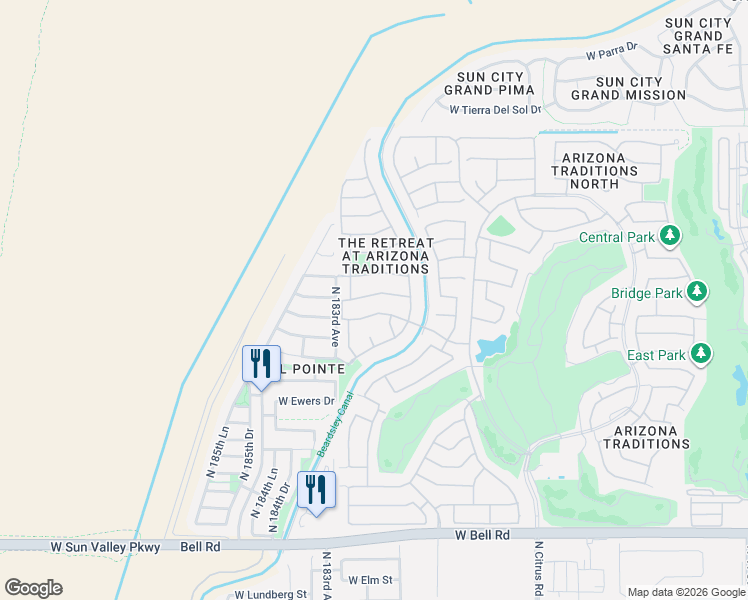 map of restaurants, bars, coffee shops, grocery stores, and more near 18227 West Stinson Drive in Surprise