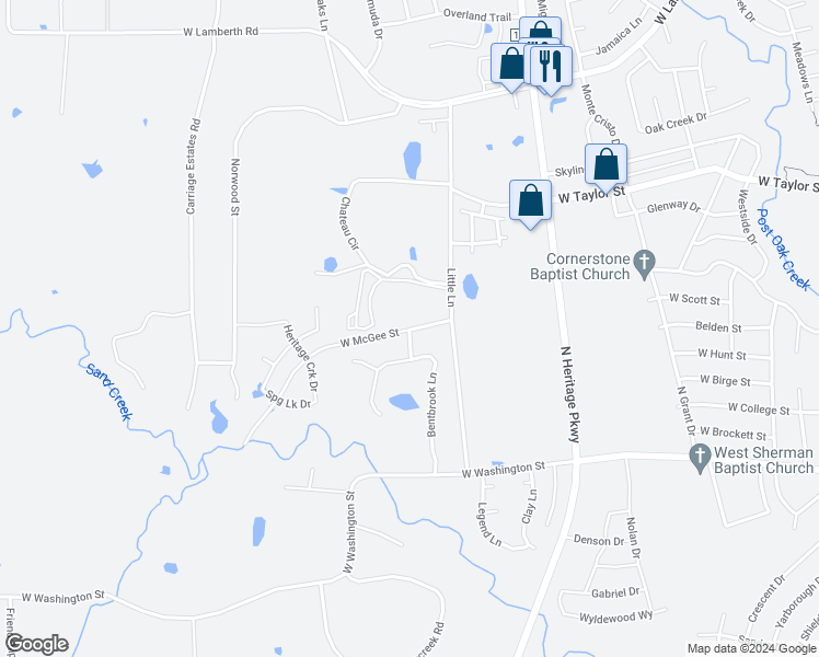 map of restaurants, bars, coffee shops, grocery stores, and more near McGee Street in Sherman
